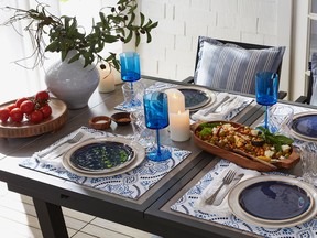 Setting an outdoor table is easy by choosing one colour for all your serve ware. Blue Melamine Wine Glasses, 4/ $15, homesense.ca