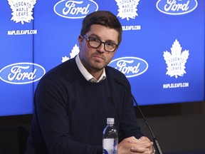 Toronto Maple Leafs general manager Kyle Dubas speaks during a season-ending news conference.