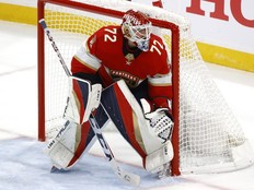 Sergei Bobrovsky tends goal.