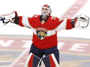 Sergei Bobrovsky of the Florida Panthers warms up prior to Game 3 of the Eastern Conference final.