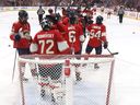 Sergei Bobrovsky and the Florida Panthers celebrate after defeating the Carolina Hurricanes.