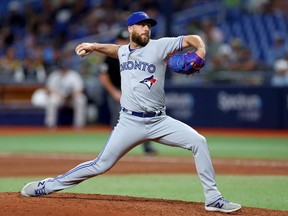 Anthony Bass of the Blue Jays pitches in the seventh inning during a game against the Rays at Tropicana Field in St Petersburg, Fla., May 22, 2023.