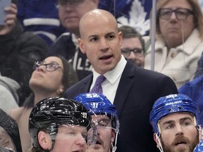 Spencer Carbery, assistant for the Toronto Maple Leafs, looks on