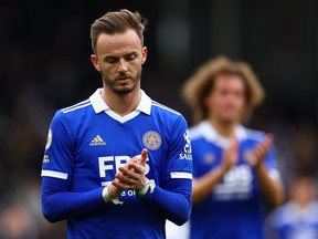 James Maddison of Leicester City looks dejected as they applaud fans after the Premier League match against Fulham FC.