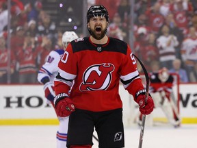 New Jersey Devils left winger Tomas Tatar celebrates a goal against the New York Rangers.