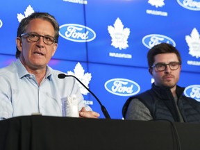 Brendan Shanahan (left) President of the Toronto Maple Leafs and team general manager Kyle Dubas.