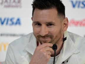 Argentina's Lionel Messi gives a press conference at the Qatar National Convention Centre (QNCC) in Doha during the World Cup.