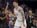 JJ Redick of the Philadelphia 76ers reacts after making a three-point basket against the Toronto Raptors in 2019.