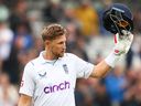 England's Joe Root gestures as he walks off the pitch after England won the first cricket Test match against New Zealand.