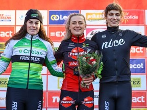 Belgian Marion Norbert Riberolle, Dutch Denise Betsema and American Austin Killips pictured on the podium after the women's elite race of the 'Kasteelcross' cyclocross cycling event, race 7/8 in the 'Exact Cross' competition, Saturday 21 January 2023 in Zonnebeke.