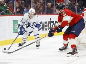 Matthew Knies of the Toronto Maple Leafs and Aaron Ekblad of the Florida Panthers battle for the loose puck in the second period at the FLA Live Arena on April 10, 2023 in Sunrise, Florida.