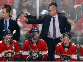 Head coach Paul Maurice of the Florida Panthers directs the players during third period action against the Boston Bruins in Game Six of the First Round of the 2023 Stanley Cup Playoffs at the FLA Live Arena on April 28, 2023 in Sunrise, Florida.
