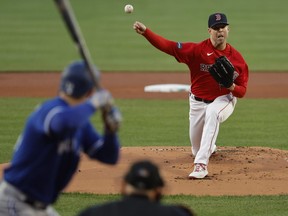 Corey Kluber of the Boston Red Sox pitches against the Toronto Blue Jays during the first inning at Fenway Park on May 1, 2023 in Boston, Massachusetts.