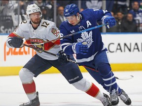 Eric Staal of the Florida Panthers skates against Mitchell Marner of the Toronto Maple Leafs during Game One of the Second Round of the 2023 Stanley Cup Playoffs at Scotiabank Arena on May 2, 2023 in Toronto, Ontario, Canada.