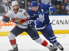 Eric Staal of the Florida Panthers skates against Mitchell Marner of the Toronto Maple Leafs during Game One of the Second Round of the 2023 Stanley Cup Playoffs at Scotiabank Arena on May 2, 2023 in Toronto, Ontario, Canada.
