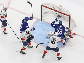 A shot by Morgan Rielly #44 of the Toronto Maple Leafs gets past Florida Panthers goalie Sergei Bobrovsky during Game 2 of the Second Round of the 2023 Stanley Cup Playoffs at Scotiabank Arena, but Rielly's second goal later in the game was reviewed and disallowed on Friday, May 4, 2023.