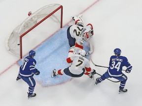A shot by Auston Matthews #34 of the Toronto Maple Leafs goes wide of Sergei Bobrovsky #72 of the Florida Panthers during Game Two of the Second Round of the 2023 Stanley Cup Playoffs at Scotiabank Arena on May 4, 2023 in Toronto. The Panthers defeated the Maple Leafs 3-2.