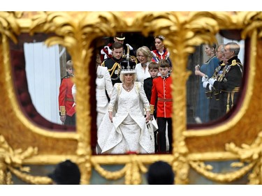 Queen Camilla leaves Westminster Abbey following the coronation ceremony on May 6, 2023 in London.