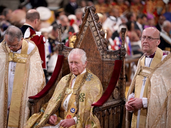  King Charles III during his coronation ceremony in Westminster Abbey on May 6, 2023 in London, England.