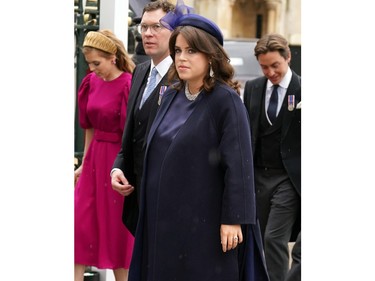 Princess Eugenie arriving at Westminster Abbey ahead of the coronation ceremony of King Charles III and Queen Camilla on May 6, 2023 in London.