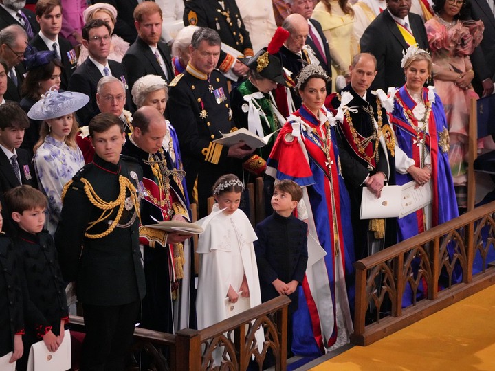 Front row third left to right: Prince William, Prince of Wales, Princess Charlotte, Prince Louis, Catherine, Princess of Wales, Prince Edward, the Duke of Edinburgh and Sophie, the Duchess of Edinburgh with Prince Harry, Duke of Sussex (third row fourth right) at the coronation ceremony of King Charles III and Queen Camilla in Westminster Abbey on May 6, 2023 in London.