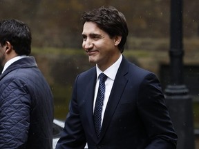 Prime Minister Justin Trudeau arrives to meet U.K. Prime Minister Rishi Sunak at Downing Street on May 6, 2023 in London.