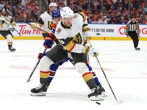 Jack Eichel of the Las Vegas Golden Knights controls the puck against the Edmonton Oilers in Game 4.