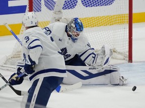 Toronto Maple Leafs goaltender Joseph Woll watches the puck go through the crease against against the Florida Panthers.