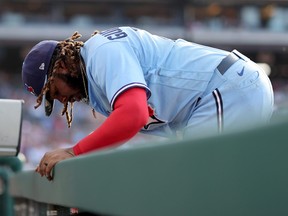 Vladimir Guerrero Jr. of the Toronto Blue Jays reacts during the sixth inning against the Philadelphia Phillies.