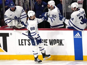 Toronto Maple Leafs winger William Nylander (88) celebrates a goal against against the Florida Panthers.