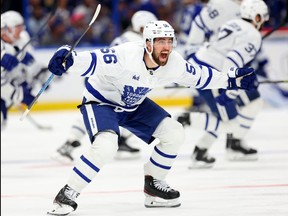 Erik Gustafsson celebrates the overtime series clincher at Amalie Arena late last month. The Leafs are 3-0 on the road these playoffs as they head back to Florida for two games against the Panthers, trailing 2-0.