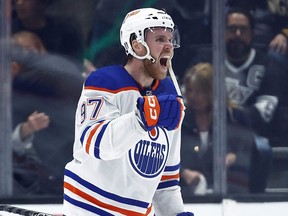 Connor McDavid #97 of the Edmonton Oilers celebrates a 5-4 win against the Los Angeles Kings in Game Six of the First Round of the 2023 Stanley Cup Playoffs at Crypto.com Arena on April 29, 2023 in Los Angeles, California.  The Oilers won the series against the Kings 4-2.
