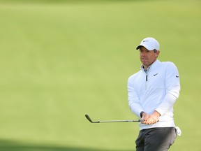 Rory McIlroy of Northern Ireland watches a shot on the eighth hole during a practice round prior to the Wells Fargo Championship at Quail Hollow Country Club on May 03, 2023 in Charlotte, North Carolina.