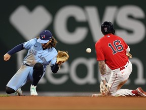Jarren Duran of the Boston Red Sox steals second base past Bo Bichette of the Toronto Blue Jays during the sixth inning at Fenway Park on May 04, 2023 in Boston, Massachusetts.