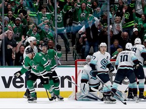 Joe Pavelski #16 of the Dallas Stars celebrates after scoring a goal against Philipp Grubauer #31 of the Seattle Kraken in the second period in Game Two of the Second Round of the 2023 Stanley Cup Playoffs at American Airlines Center on May 04, 2023 in Dallas, Texas.