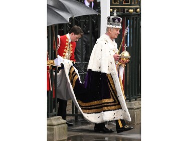 King Charles III departs the Coronation service of King Charles III and Queen Camilla at Westminster Abbey on May 6, 2023 in London.