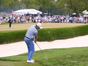 Justin Rose of England plays his third shot on the sixth hole during the second round of the 2023 PGA Championship at Oak Hill Country Club on May 19, 2023 in Rochester, N.Y.