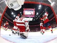 Sam Bennett of the Florida Panthers celebrates teammate Sam Reinhart (not pictured) who scored a goal on Frederik Andersen of the Carolina Hurricanes during the second period in Game Three of the Eastern Conference Final of the 2023 Stanley Cup Playoffs at FLA Live Arena on May 22, 2023 in Sunrise, Florida.