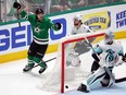 Wyatt Johnston of the Dallas Stars celebrates a goal against Philipp Grubauer of the Seattle Kraken during Game 7.