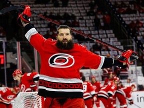 Brent Burns of the Carolina Hurricanes warms up before a game.