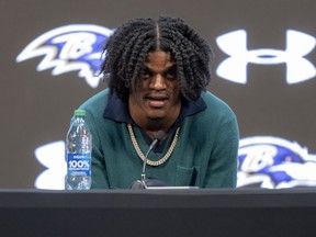 Baltimore Ravens quarterback Lamar Jackson speaks during a press conference at Under Armour Performance Center May 4, 2023 in Owings Mills, MD.