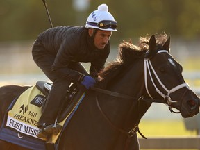 First Mission goes over the track during a training session ahead of the Preakness Stakes earlier this week,