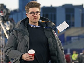 Penguins General Manager Kyle Dubas of the Toronto Maple Leafs heads to practice in 2022.