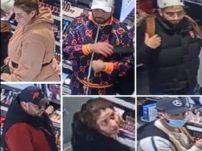 Images released by Toronto Police of six suspects wanted in a theft over $5,000 investigation in the Queen Street West and Yonge Street area on April 25, 2023.