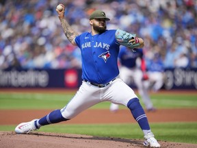 Blue Jays starting pitcher Alek Manoah delivers to home plate against the Orioles in the first inning at the Rogers Centre in Toronto, Saturday, May 20, 2023.