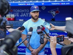Blue Jays pitcher Anthony Basstalks to reporters at Rogers Centre on Tuesday.