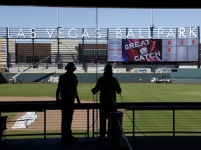 In this file photo, workers continue construction on the Las Vegas Ballpark