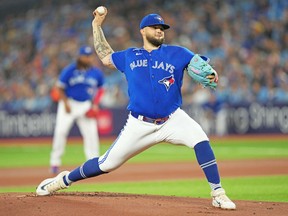 Apr 28, 2023; Toronto, Ontario, CAN; Toronto Blue Jays starting pitcher Alek Manoah (6) throws a pitch against the Seattle Mariners during the first inning at Rogers Centre.