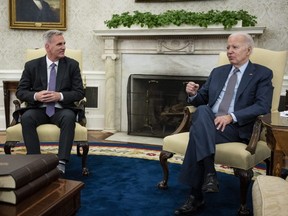 U.S. President Joe Biden meets with House Speaker Kevin McCarthy in the Oval Office of the White House in Washington, D.C., May 22, 2023.