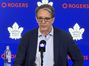 Maple Leafs President Brendan Shanahan officially announces in Toronto on Friday, May 19, 2023 that GM Kyle Dubas will not be returning to the organization.